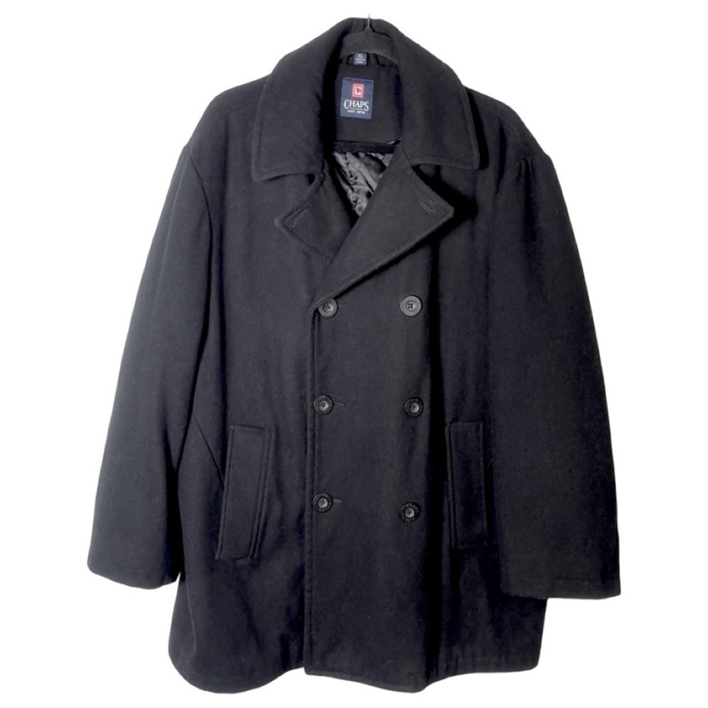 Chaps Men's Classic Wool Double Breasted Black Pea Coat Size XL